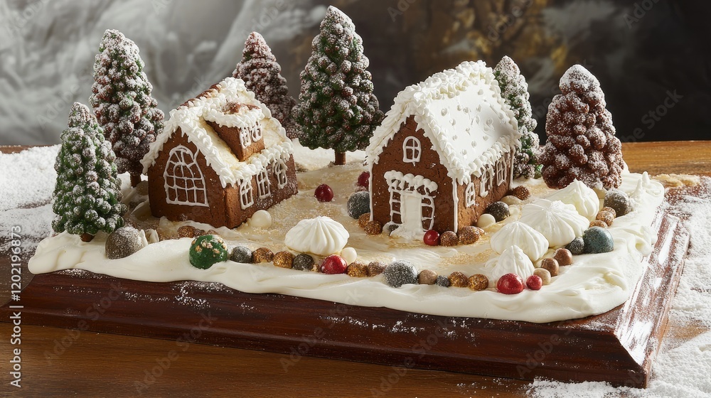 Poster gingerbread house scene with snow-covered trees and festive decorations on a wooden tray with copy s