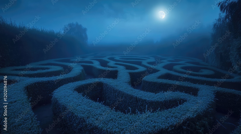 Poster mysterious foggy maze under moonlight with intricate paths and copy space for text placement