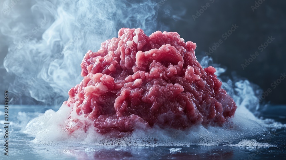 Poster raw minced meat on a smoky surface with steam rising and copy space for text placement