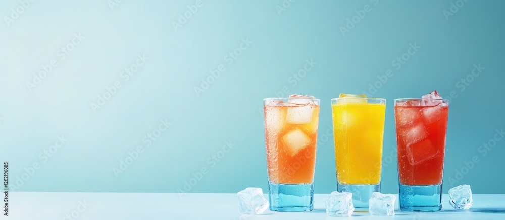 Poster three colorful refreshing drinks in tall glasses with ice on a light blue background, copy space for