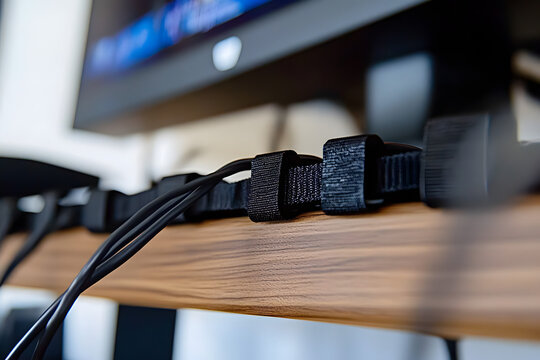 cable management under wooden desk using black velcro straps, showcasing organized wiring setup for efficient workspace arrangement, close-up view