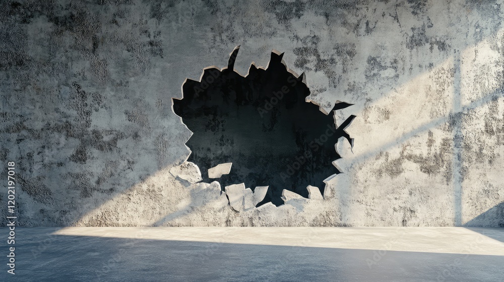 Aufkleber Damaged concrete wall with large hole and dramatic lighting in empty room for architectural or background use Copy Space