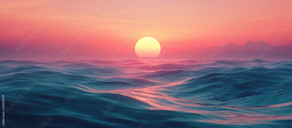Poster vibrant sunset over ocean waves with soft clouds and colorful sky reflections copy space
