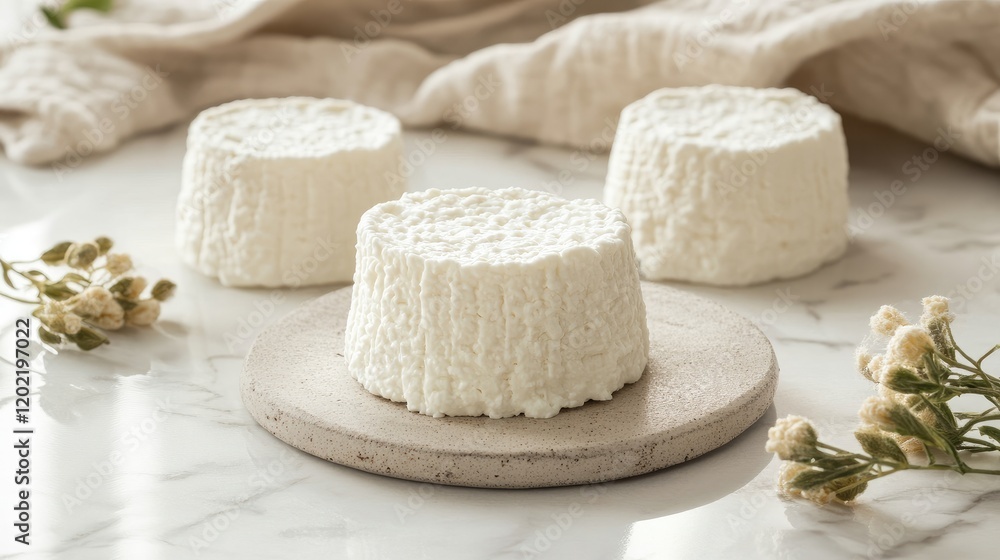 Poster fresh cheese rounds displayed on a stone plate with flowers and fabric in the background copy space