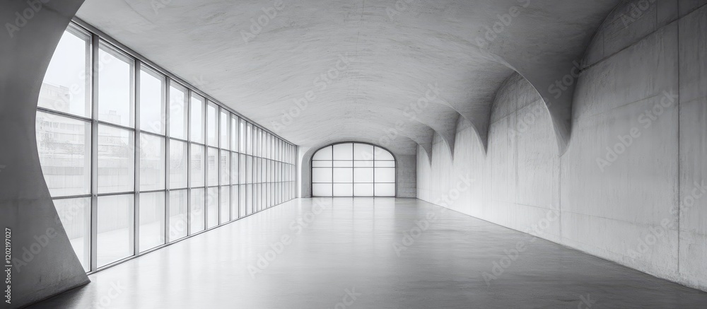 Poster minimalist interior architectural space with large windows and curved walls in a contemporary design