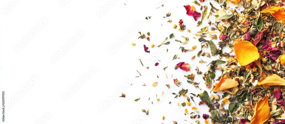 Poster dried flower and herb mixture falling with white background and copy space for text use