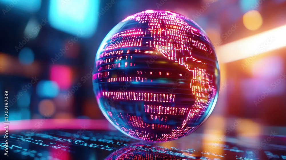Leinwandbilder futuristic globe made of digital binary code, glowing with vibrant colors, symbolizes technology and