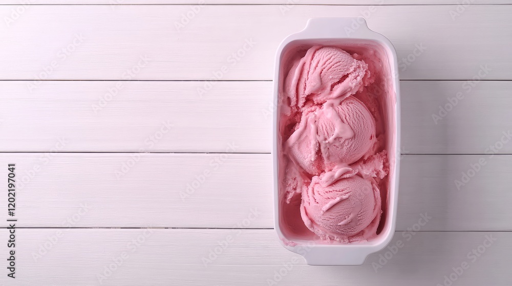 Aufkleber Pink ice cream in a white rectangular container on a wooden surface with Copy Space