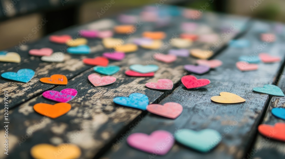Poster colorful heart-shaped decorations scattered on a rustic wooden table with a blurred background and c
