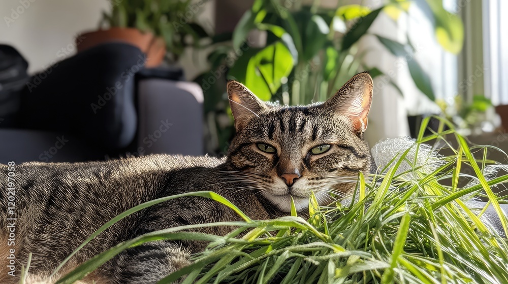 Poster tabby cat lying in green grass with houseplants in the background and natural light illuminating the