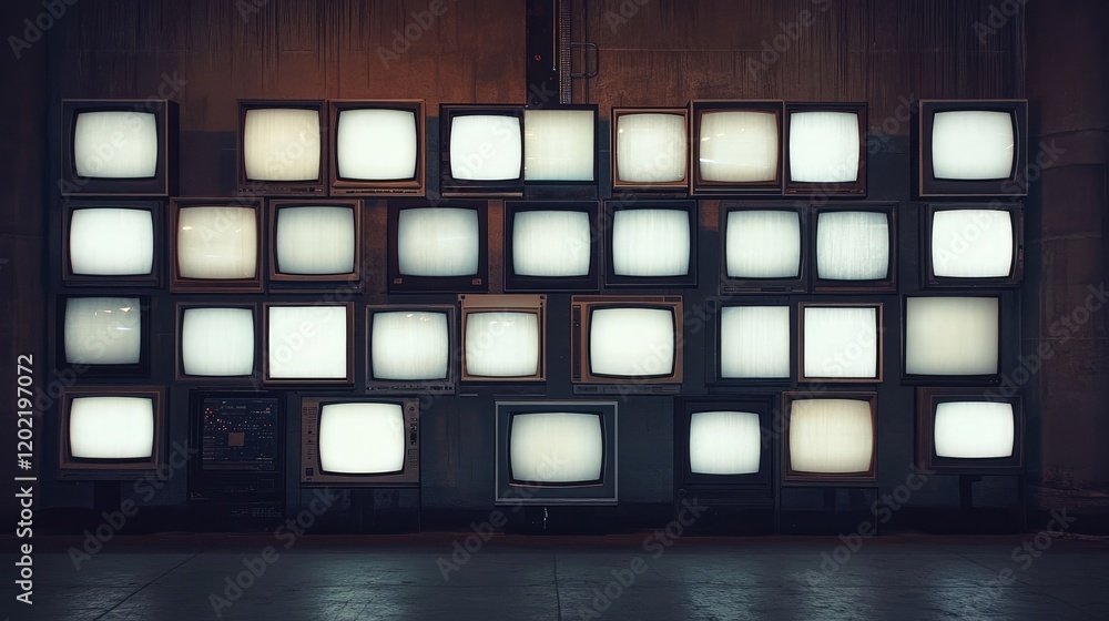 Poster vintage televisions arranged in a grid pattern with glowing screens against a textured wall copy spa