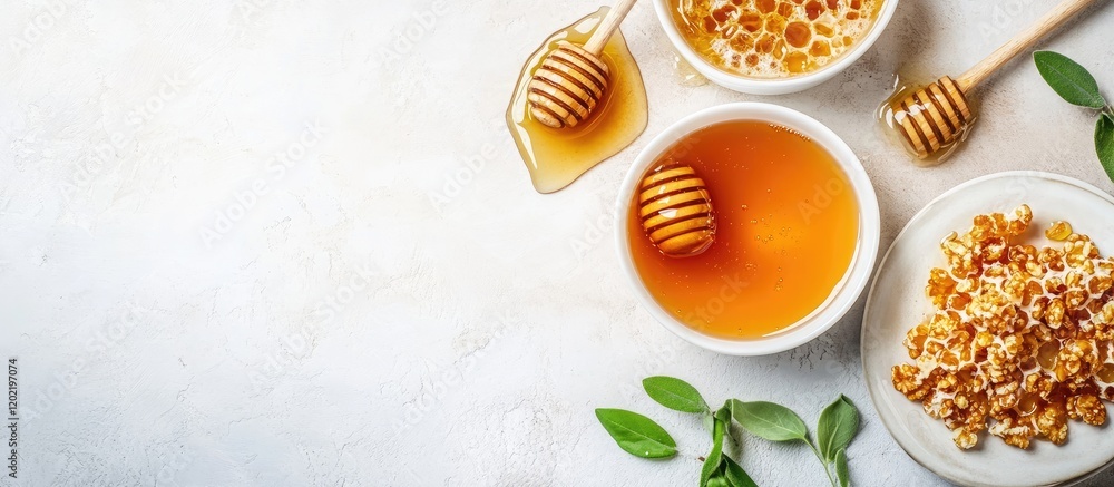 Poster Honey in bowls with honeycomb and honey drippers on a light background with Copy Space for text.