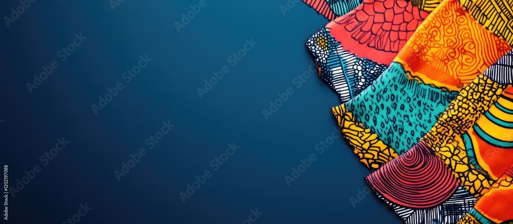 Poster Colorful Fabric Textiles on Dark Background with Copy Space for Text Placement