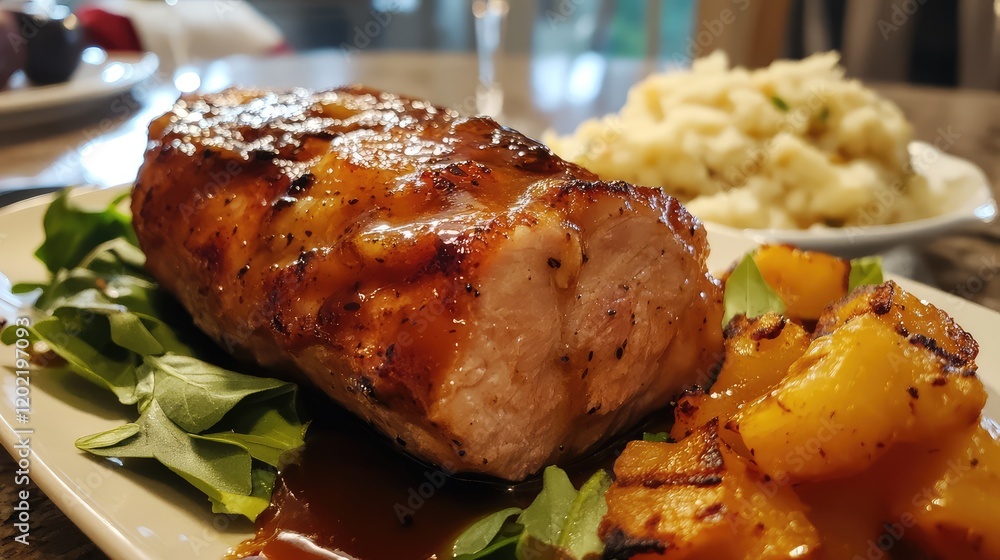 Poster grilled pork loin with glazed sauce served on a plate with roasted vegetables and mashed potatoes co