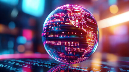 futuristic globe made of digital binary code, glowing with vibrant colors, symbolizes technology and innovation. intricate patterns reflect modern digital world