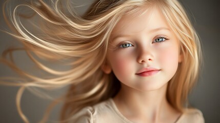 Naklejka premium Ethereal portrait capturing the innocence of youth with flowing blonde hair gracefully dancing in the breeze, soft natural lighting highlighting delicate features and bright blue eyes.
