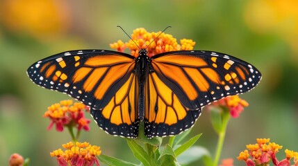 Naklejka premium Monarch butterfly perched on colorful flowers with vibrant orange and black wings displaying details against a blurred green background Copy Space