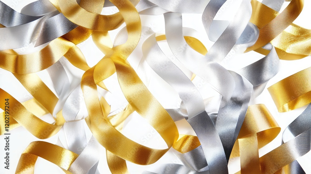 Aufkleber colorful satin ribbons in gold and silver arranged in a chaotic pattern with copy space for text pla