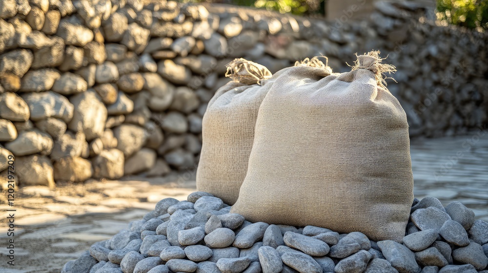 Poster burlap sacks stacked on smooth stones against a rustic stone wall with natural lighting and copy spa