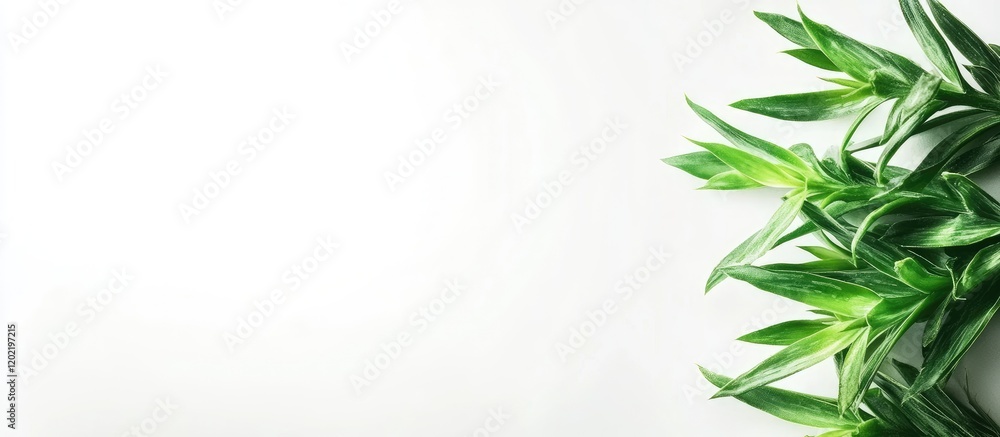 Poster green leaves arrangement on a white background with ample copy space for text or design elements.