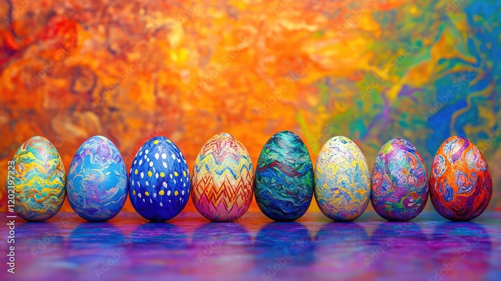 Poster colorful hand-painted easter eggs displayed on a vibrant abstract background with copy space