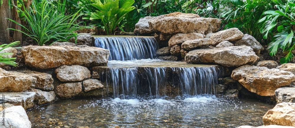 Aufkleber waterfall cascade surrounded by rocks and greenery with copy space for text placement