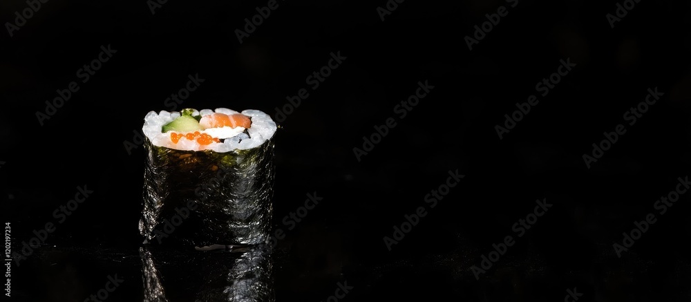Poster sushi roll on a black background with copy space for text. fresh ingredients and artistic presentati