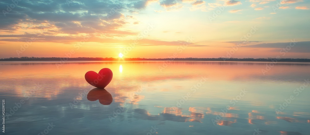 Aufkleber Red heart shape placed on calm water at sunset with colorful sky reflections and Copy Space for text.