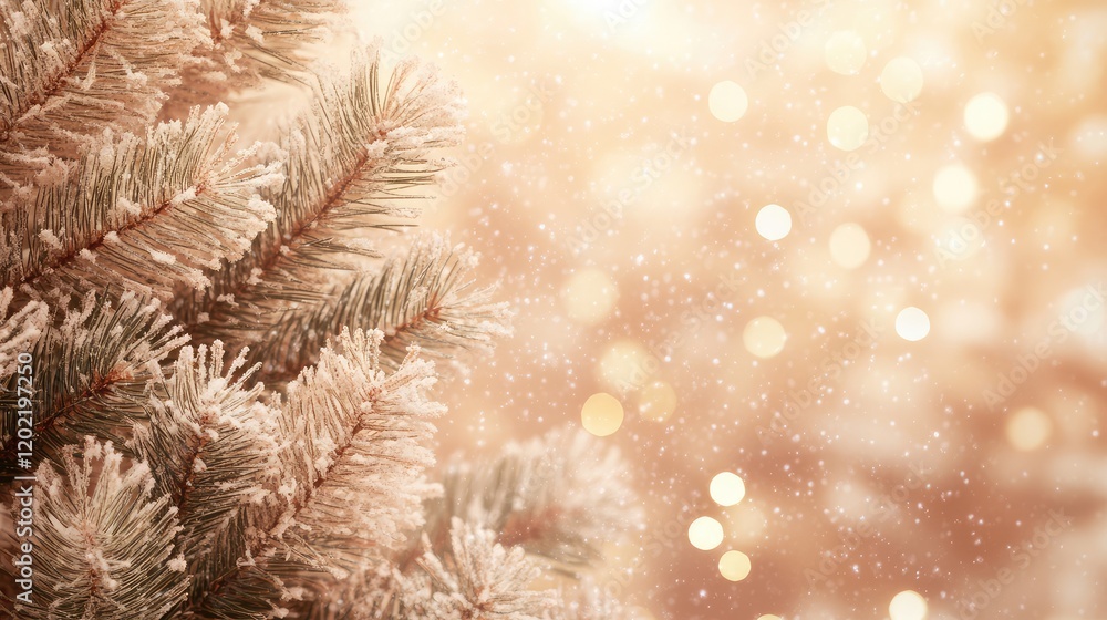 Poster frost-covered pine branches with golden bokeh lights in soft focus against a blurred background copy
