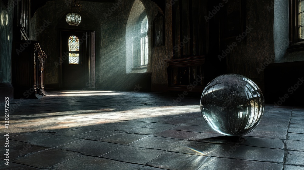 Poster empty interior of an old building with a reflective glass sphere on the floor and sunlight streaming