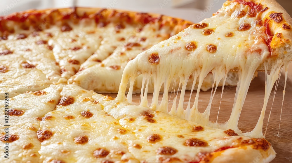 Poster cheese pizza with melted mozzarella and pulling slice on wooden board with copy space
