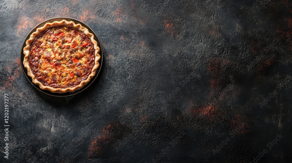 Poster Homemade rustic vegetable quiche in a round pie dish on a textured dark background with copy space