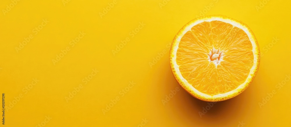 Poster freshly cut orange half on vibrant yellow background with ample copy space for text placement.