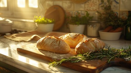 crusty artisan loaves with cross-shaped cuts on top rest on a wooden cutting board