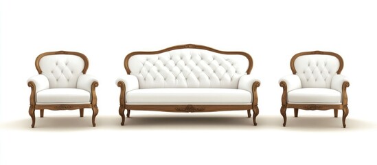 Elegant vintage white upholstered sofa set with ornate wooden frames and tufted detailing, isolated on a white background with Copy Space.