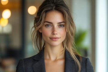 Fototapeta premium modern executive woman in tailored charcoal suit standing confidently in contemporary office space, warm professional lighting, architectural background
