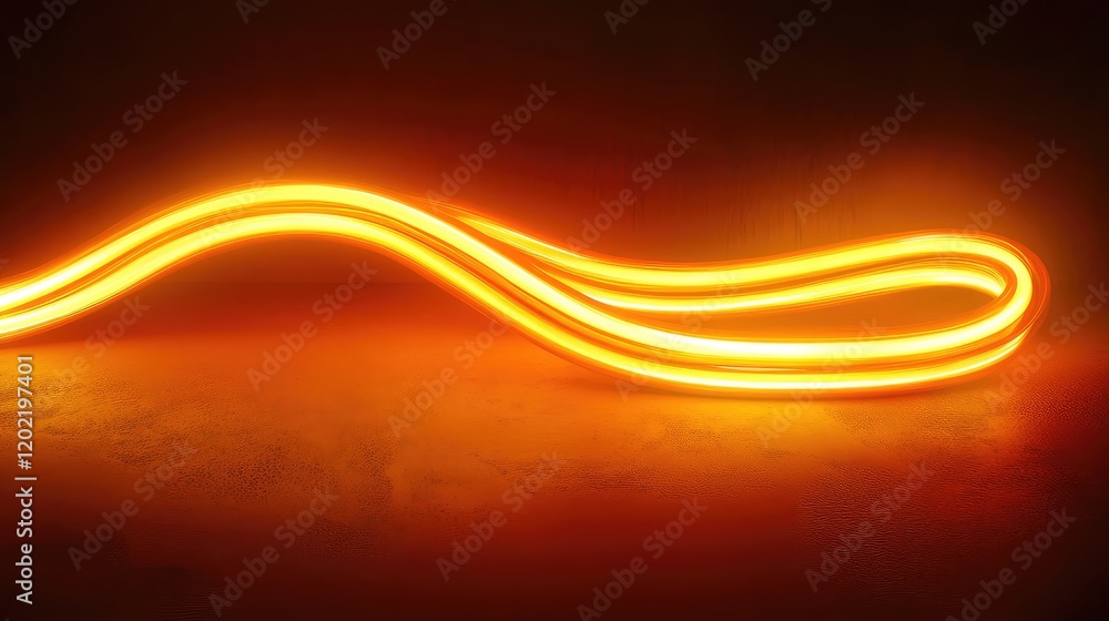 Poster abstract glowing orange neon light wave on dark background with copy space for text.