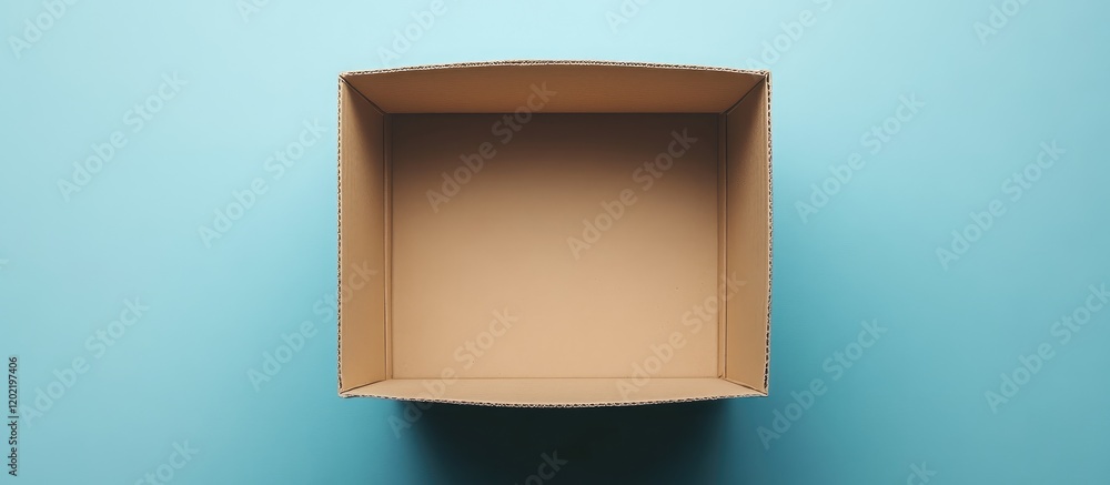Fototapete Empty cardboard box on a blue background with copy space for text or branding. Top view of open container.