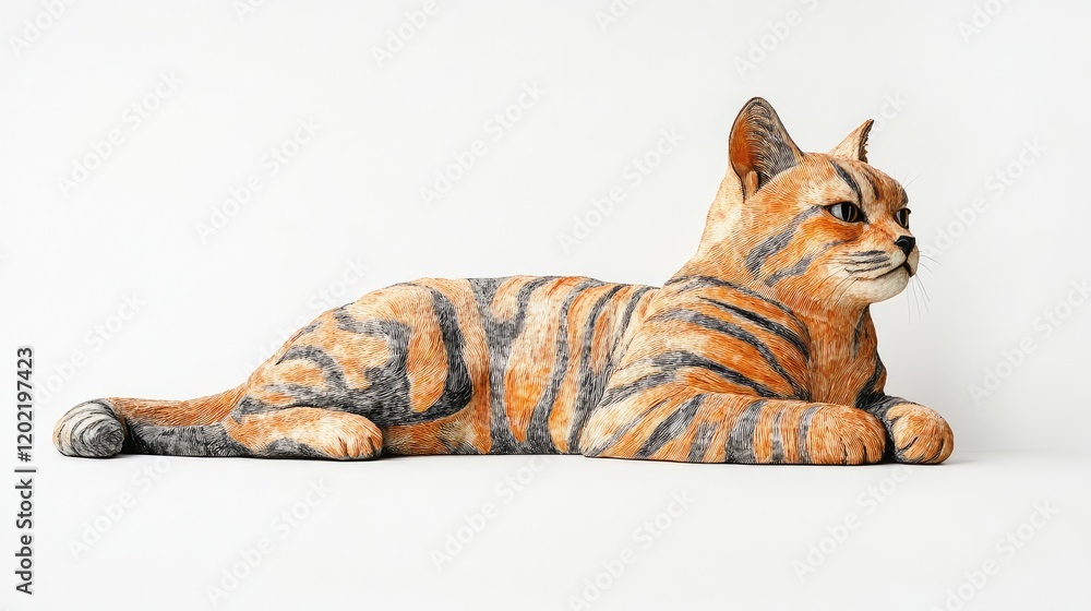 Poster Realistic sculpture of a tiger-striped cat lying down on a plain white background with Copy Space for text.