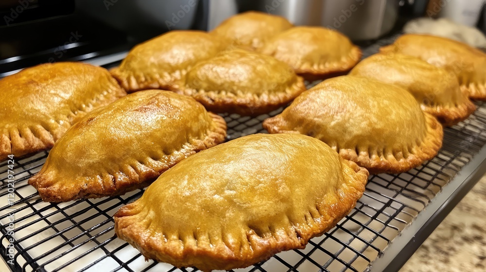 Poster freshly baked golden empanadas cooling on a wire rack in a kitchen setting with copy space for text 