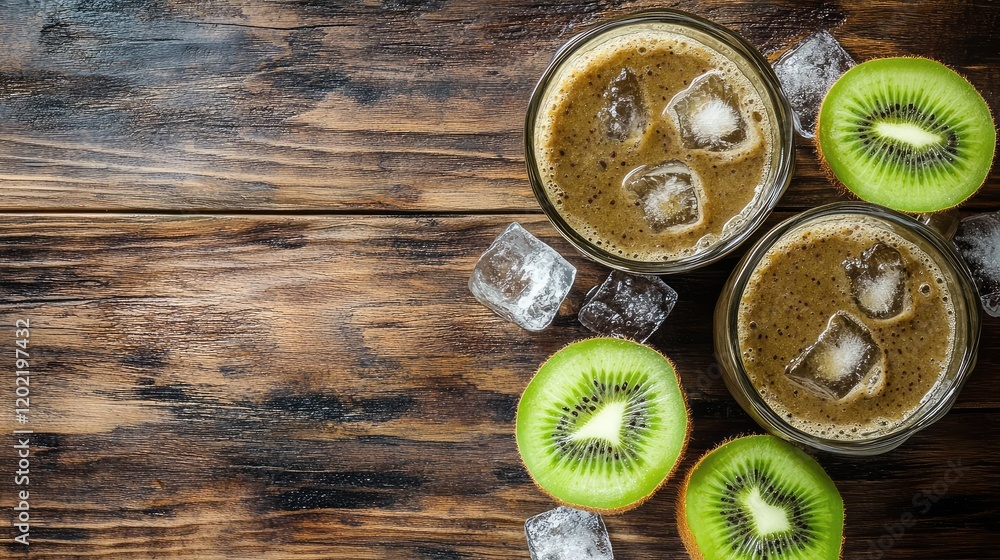 Poster cold coffee drinks with ice and kiwi slices on rustic wooden background copy space