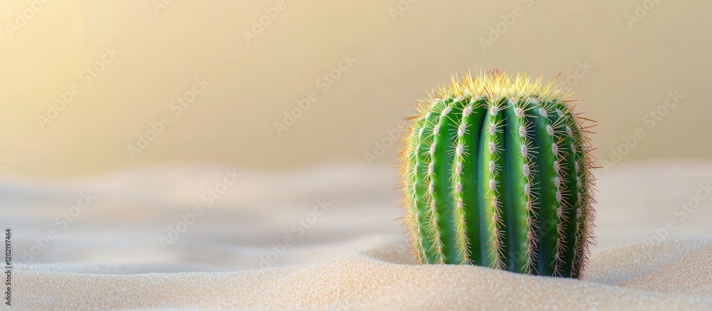 Aufkleber lonely cactus growing in desert sand with soft background and warm lighting copy space