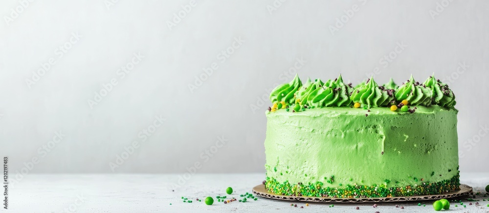 Poster green layered cake with colorful frosting and sprinkles on a white surface with ample copy space.