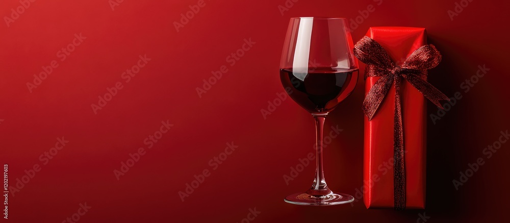 Poster red background with a glass of red wine and a wrapped gift box with a ribbon, copy space available.