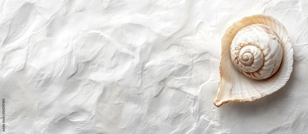 Poster seashell on textured white background with copy space for text or branding purposes