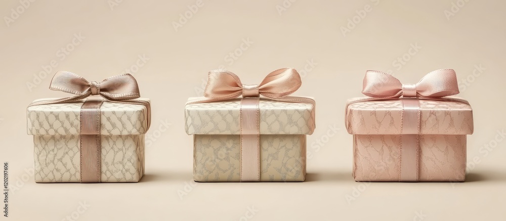 Poster three elegantly wrapped gift boxes with decorative ribbons on a neutral background with copy space f