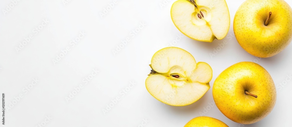 Poster fresh green apples with one apple sliced open, on a white background with ample copy space.