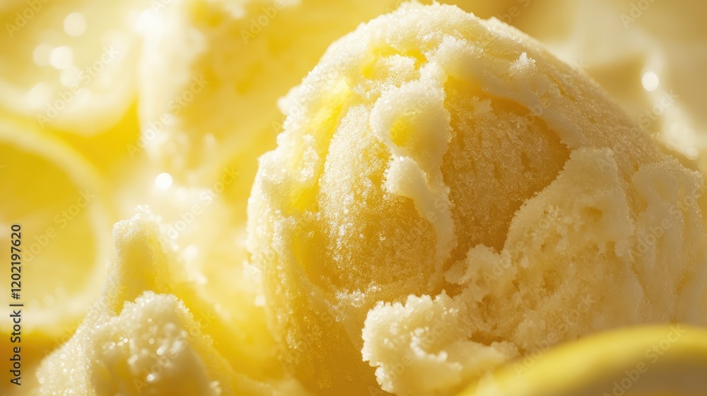 Poster lemon flavored ice cream scoop with creamy texture on a yellow background copy space