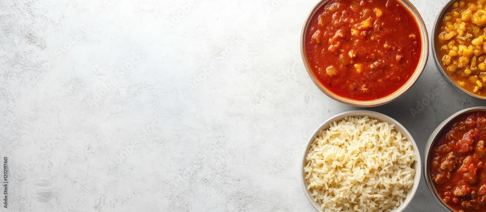 Aufkleber three bowls of various types of food including rice and sauces on a light textured background with c