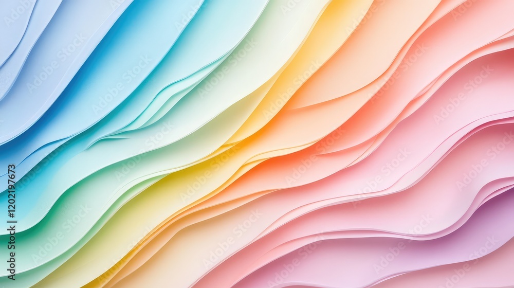 Aufkleber Abstract colorful layered paper texture with waves in gradient shades of blue, yellow, and pink, suitable for backgrounds with Copy Space.
